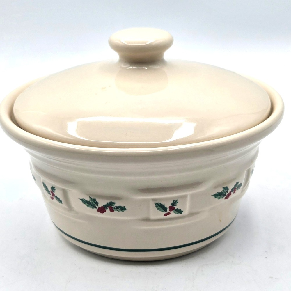 Longaberger Pottery Christmas Woven Traditions Holly Covered Dish Crock